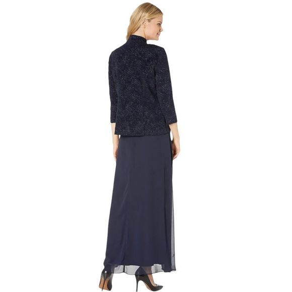 🔥🔥🔥 Alex Evenings 2 Piece Navy Blue Evening Gown Long Mandarin Jacket - Picture 4 of 9